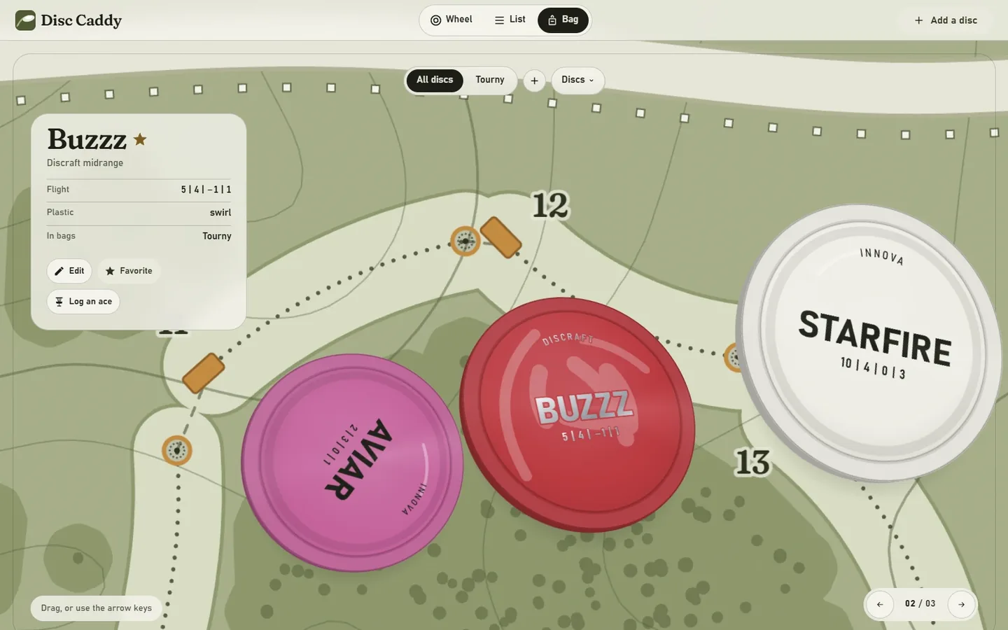 Disc Caddy's Bag: drawn discs on a course map (an Innova Aviar, a Discraft Buzzz and an Innova Starfire), with the Buzzz's flight numbers, plastic and bag.