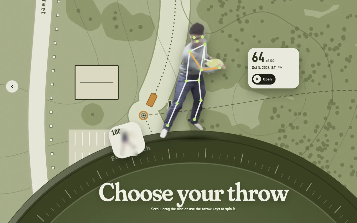Disc Caddy's throw picker: saved throws on a dial over an illustrated course map, with the chosen throw's score of 64, its date, and the tracked body drawn over the thrower.